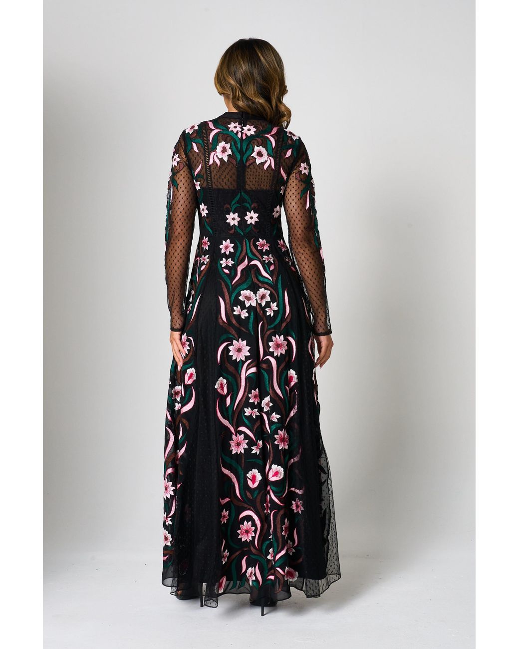 green emerald velvet dress Valentina Black Floral Embroidered Maxi Dress with Pleated Cape – Frock and  Frill main image 1