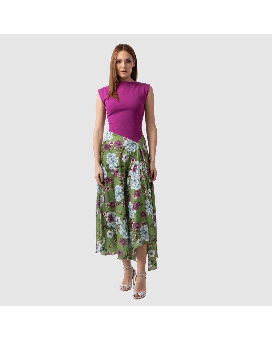 IZABELA MANDOIU Purple Two-Tone Jersey Top Floral Midi Dress