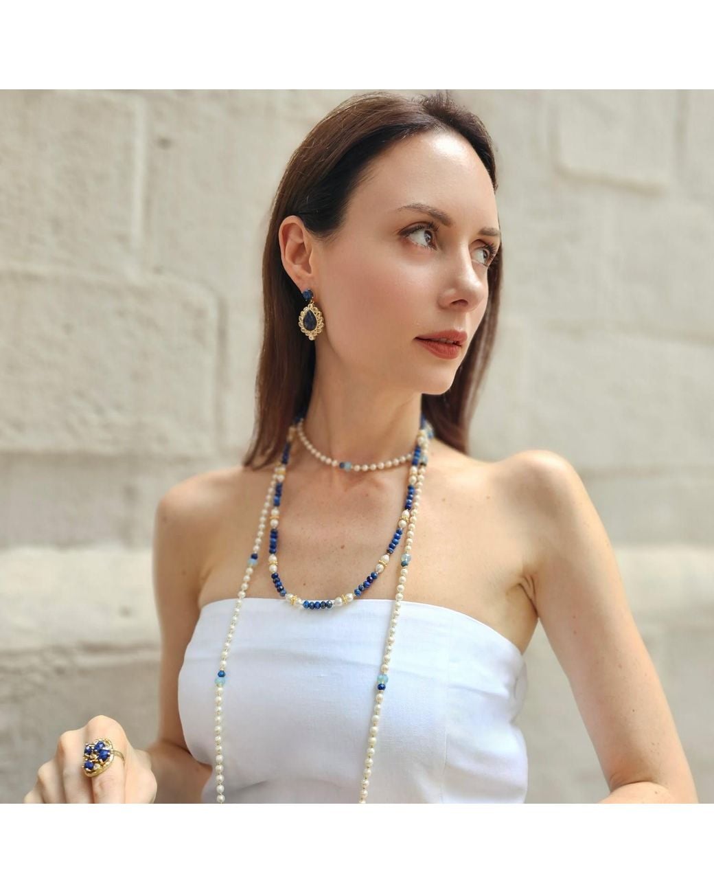 Farra White Freshwater Pearls With Lapis Opera Long Necklace