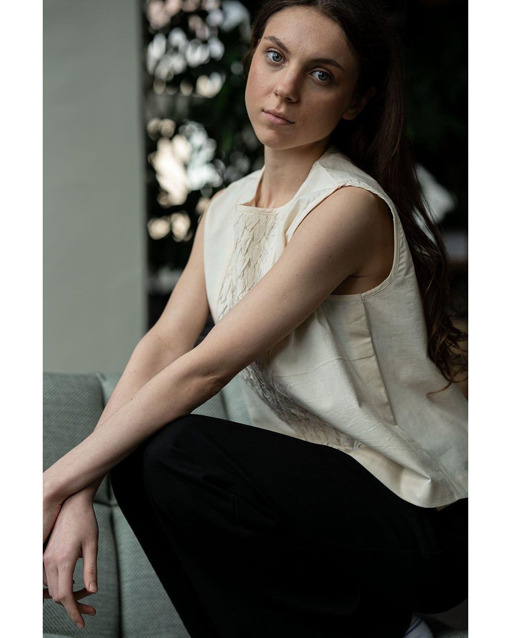 Stovaria Green Hand-Stitched Cotton Panel Statement Sleeveless Top