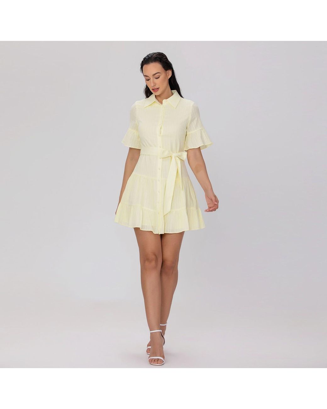 Smart and Joy Yellow Fit-And-Flare Tiered Ruffles Mini Shirt-Dress