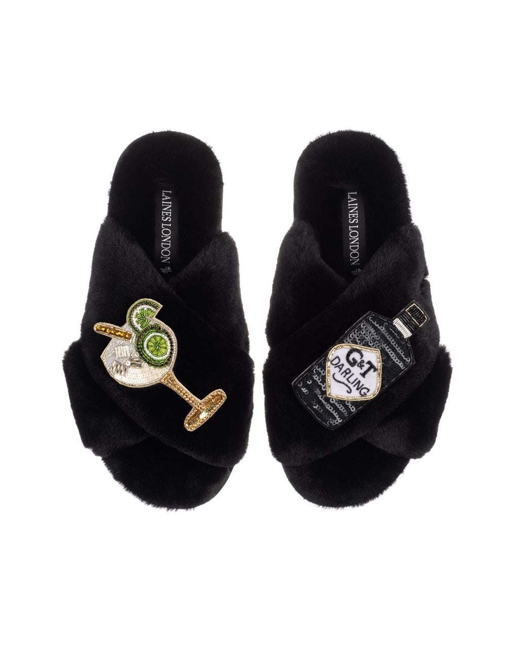 Laines London Black Classic Laines Slippers With Botanical Gin & Glass Brooches