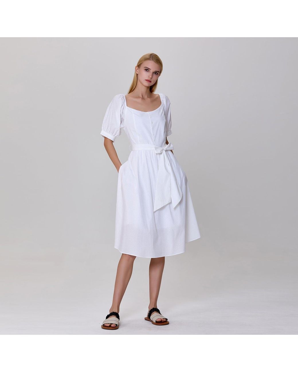 Smart and Joy White Puffy Sleeves Fit-And-Flare Blouse-Dress