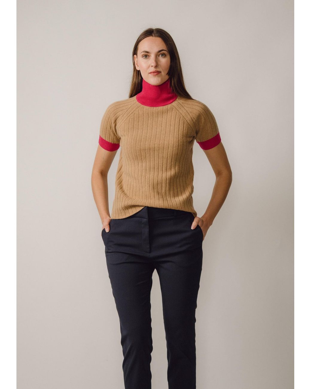 BEIRA Brown Astrid Merino And Cashmere ¾-Sleeve Luxury Knitwear Turtle Neck Top Camel