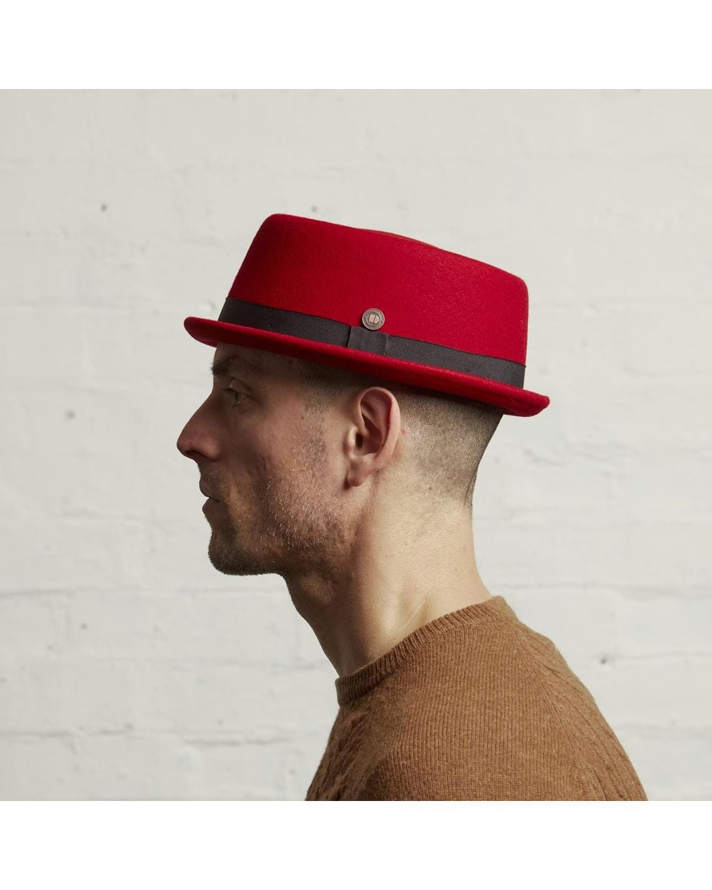 Dasmarca Hats Red Jack Ruby Felt Skimpy Brim Short Brim Rude Boy Mod Style Porkpie Hat for men
