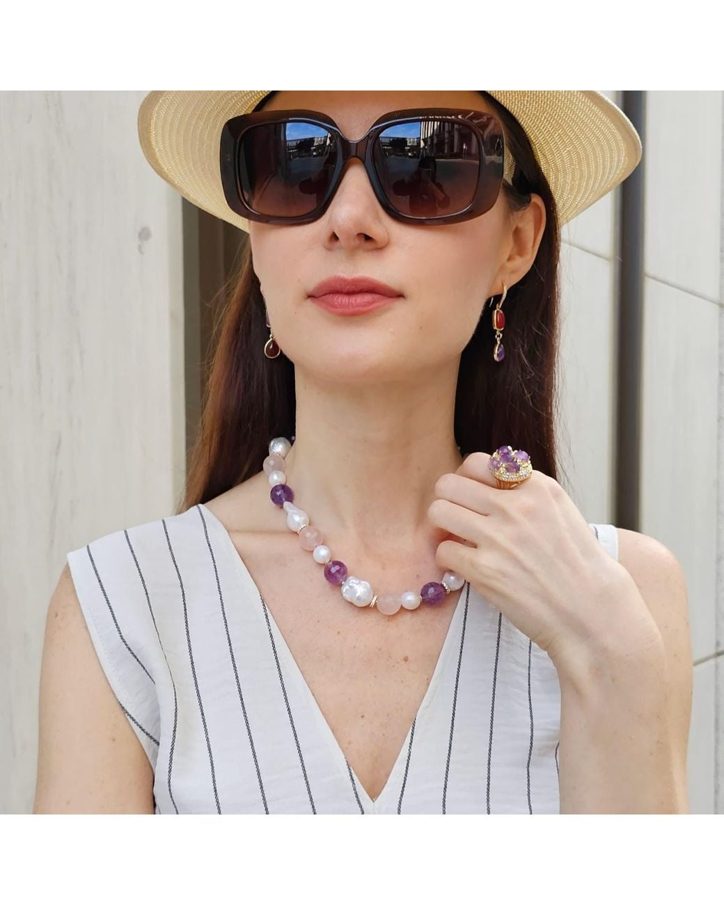 Farra Multicolor Baroque Pearls With Rose Quartz And Amethyst Necklace