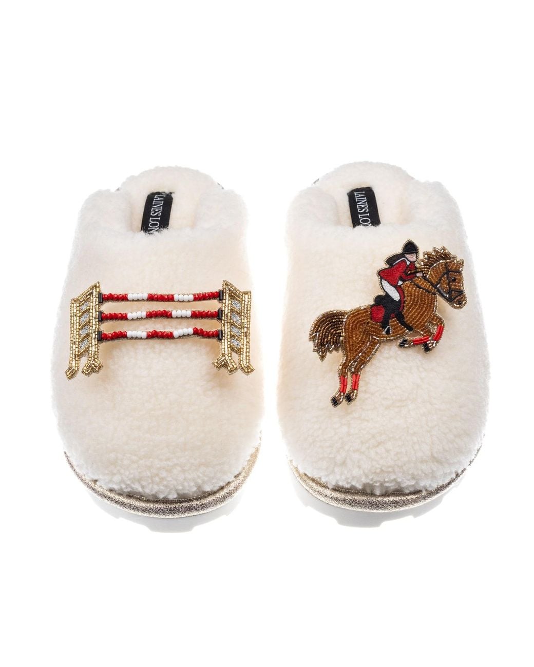 Laines London White Embroidered Faux Fur Closed-Toe Slippers