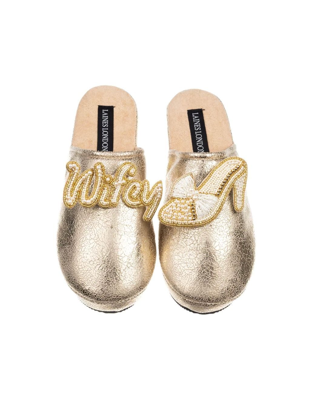 Laines London Natural Softie Slippers With Wifey & Wedding Heel Brooches