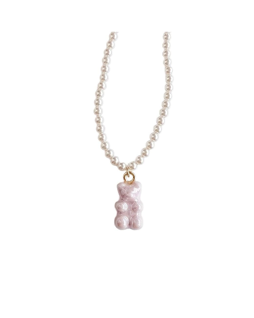 POPORCELAIN White Baby Porcelain Gummy Bear Swarovski Pearl Necklace