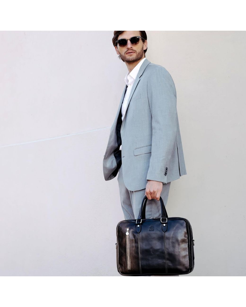 Time Resistance Black Leather Convertible Briefcase Backpack for men