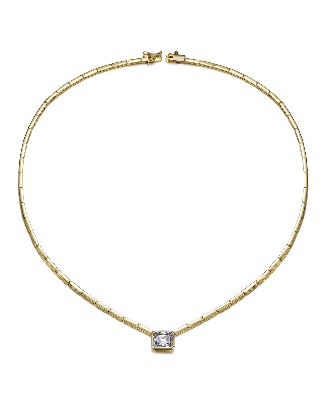 Genevive Jewelry Metallic Plated Emerald Cut Cubic Zirconia East-West Solitaire Necklace