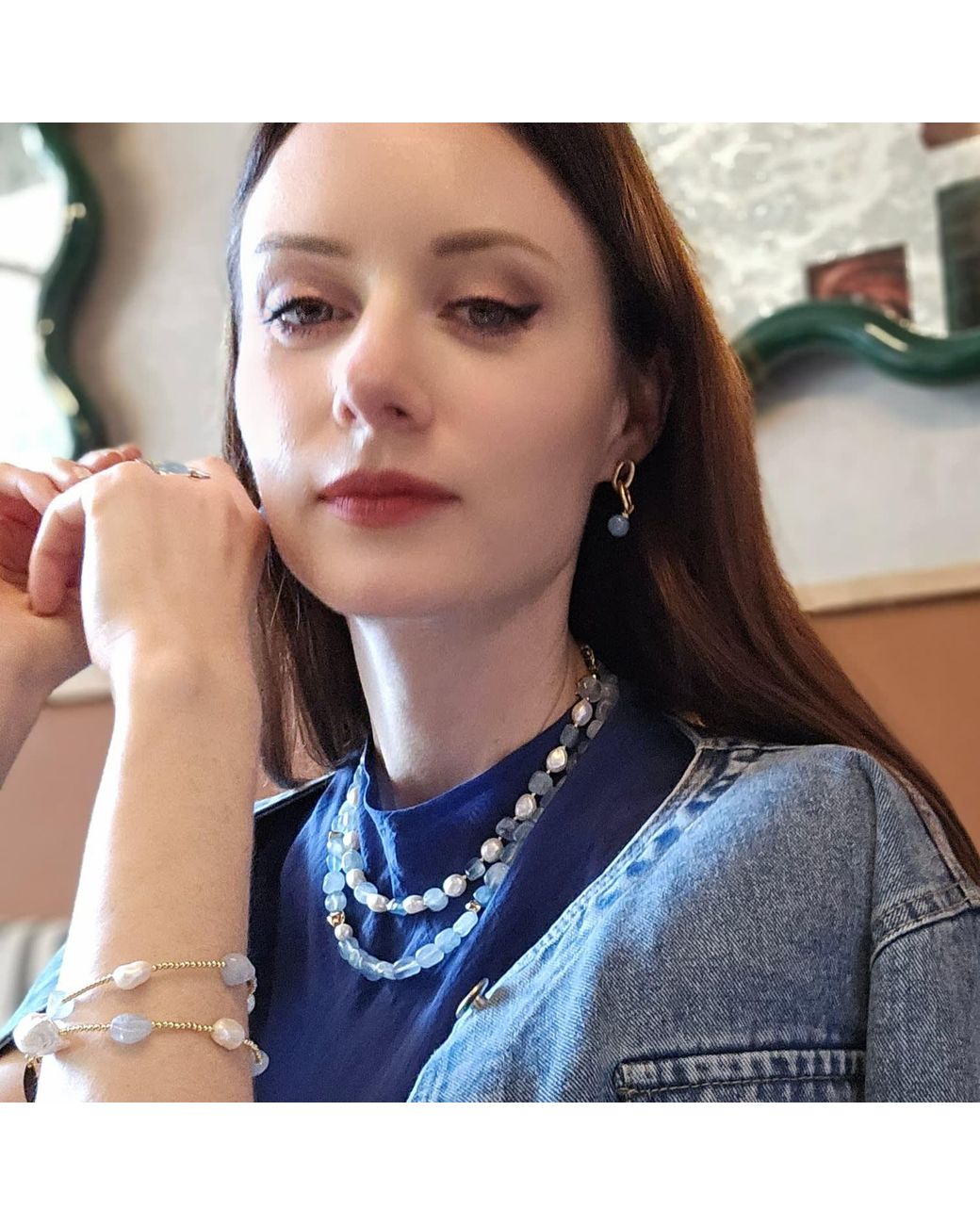 Farra Blue Free Style Irregular Freshwater Pearls With Aquamarine Short Necklace