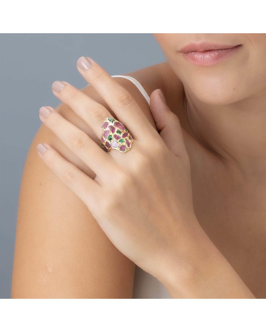 German Kabirski Pink Kelea Handcrafted Plated Ring With Raw Spinel And Tsavorite Garnet