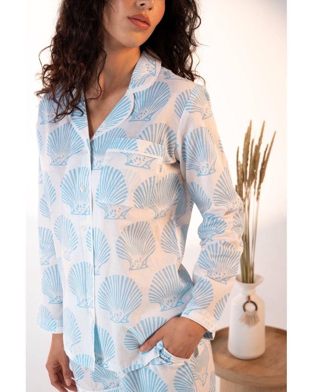 Carolina Benoit Blue Coastal Shell Block Print Short Pajama