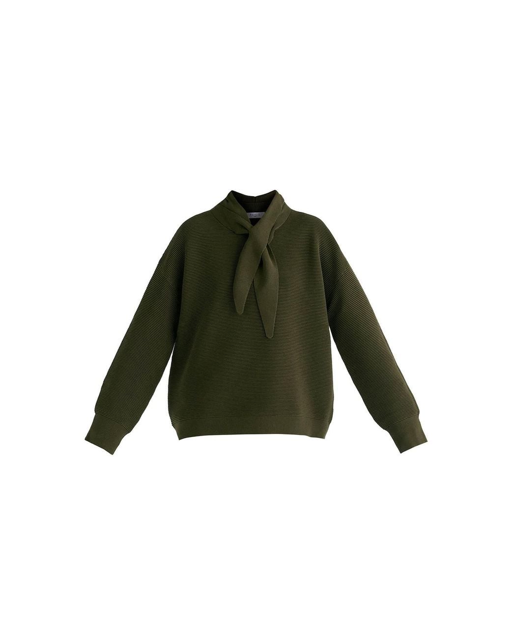 Paisie Green Ribbed Jumper With Attached Scarf Tie
