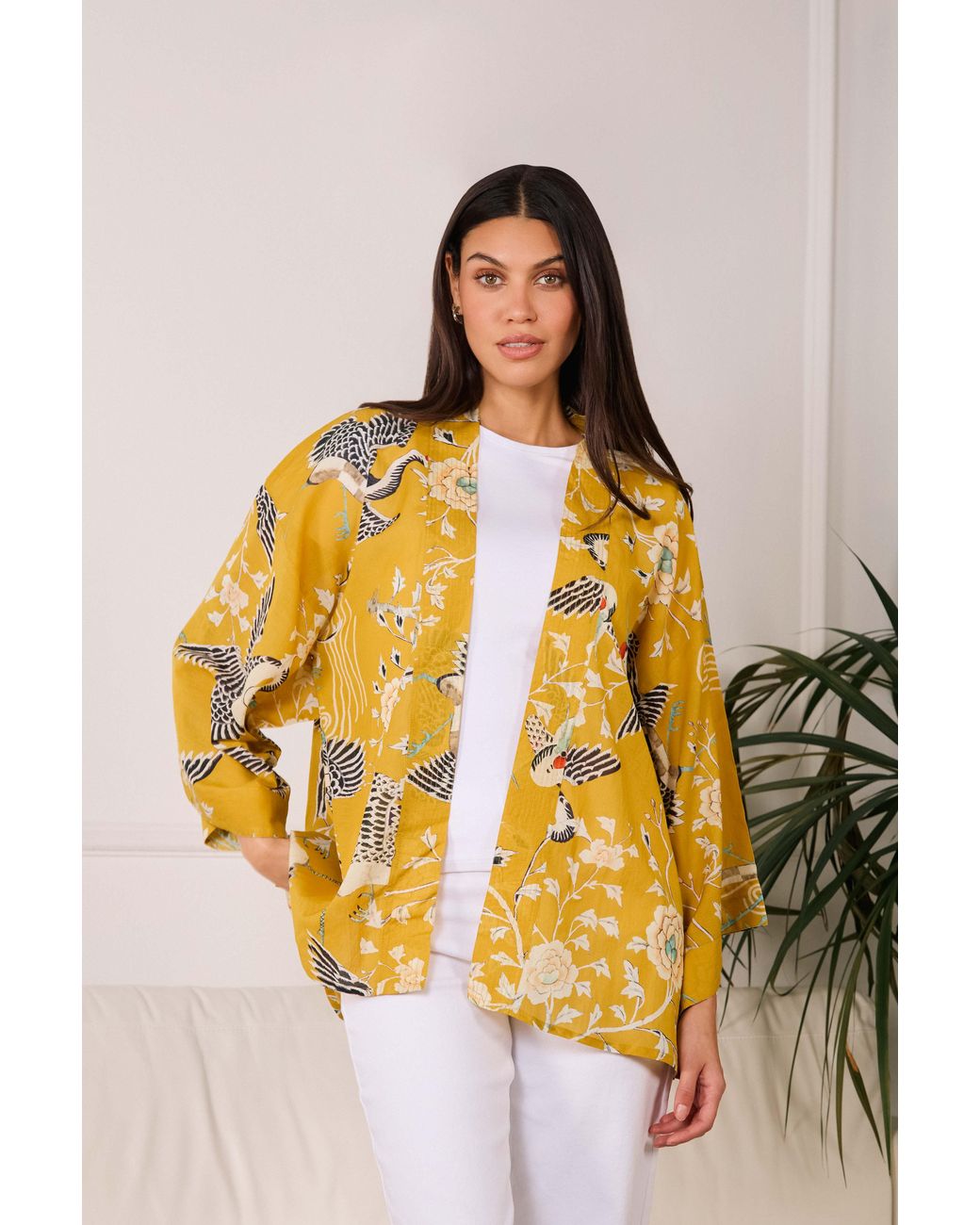 Artemis Muse Yellow Mustard Dynastic Bird Print Light Weight Kimono