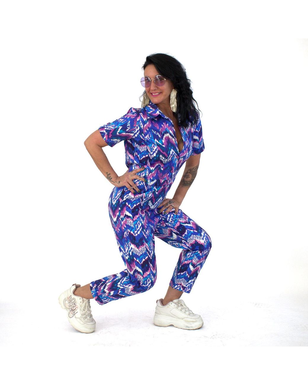 Lalipop Design Blue Electric Ocean Cotton Jumpsuit With Colorful Zigzag Print