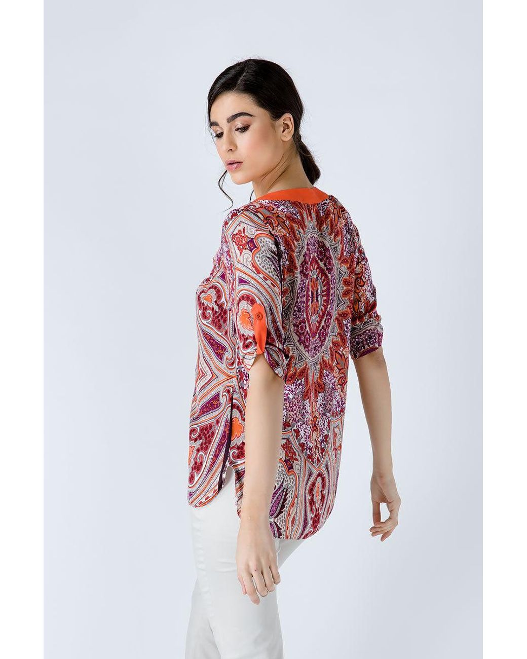 Conquista Red Print Poplin Top With Trim