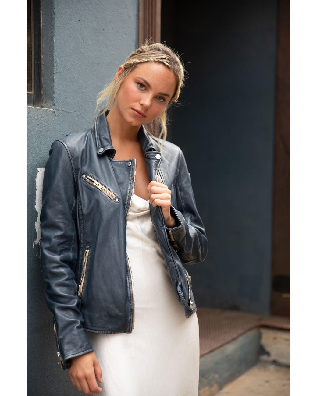 Mauritius Blue Moto Leather Jacket Sofia Denim