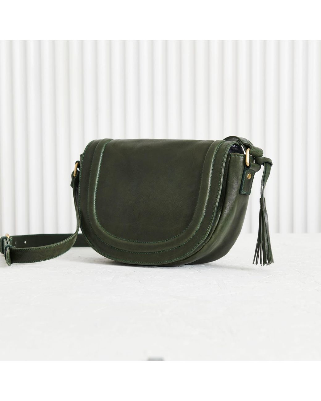 VIDA VIDA Green Luxury Soft Leather Saddle Bag With Tassel