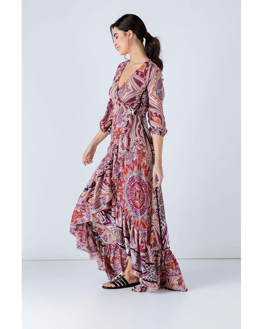 Conquista Red Print Maxi Wrap Dress