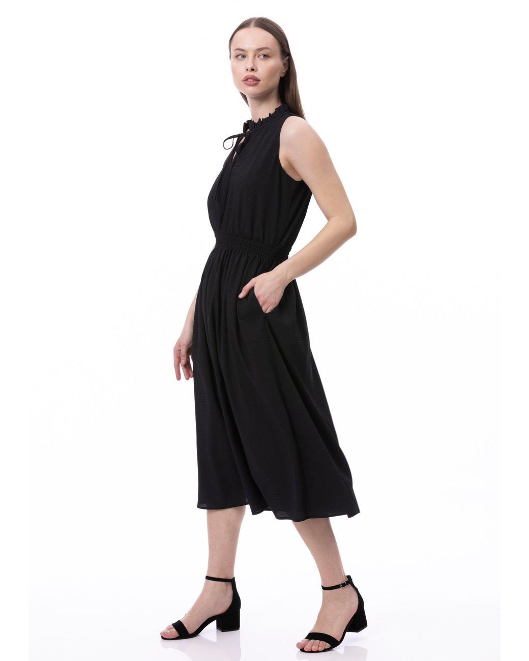 Carloslines Blue Sleeveless Smocked Waist Tie Front Dress With Pockets