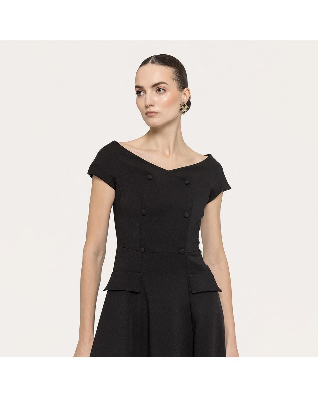Nissa Black A-Line Crepe Midi Dress
