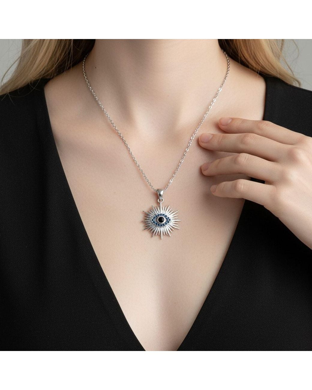 Maison De Gala Metallic Sunburst Evil Eye Pendant Necklace