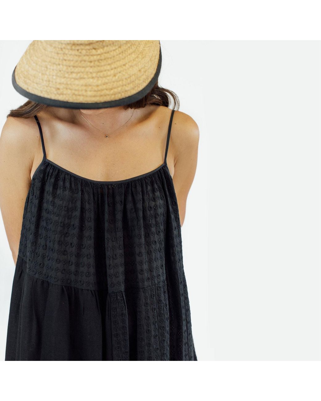 Zenzee Black Cotton Linen Tiered Patchwork Slip Dress