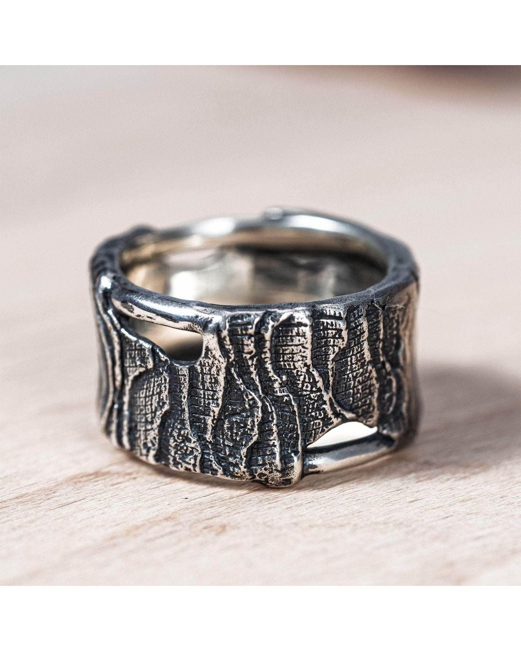 German Kabirski Metallic Veldt Oxidized Ring With Organic Wrinkled Texture for men