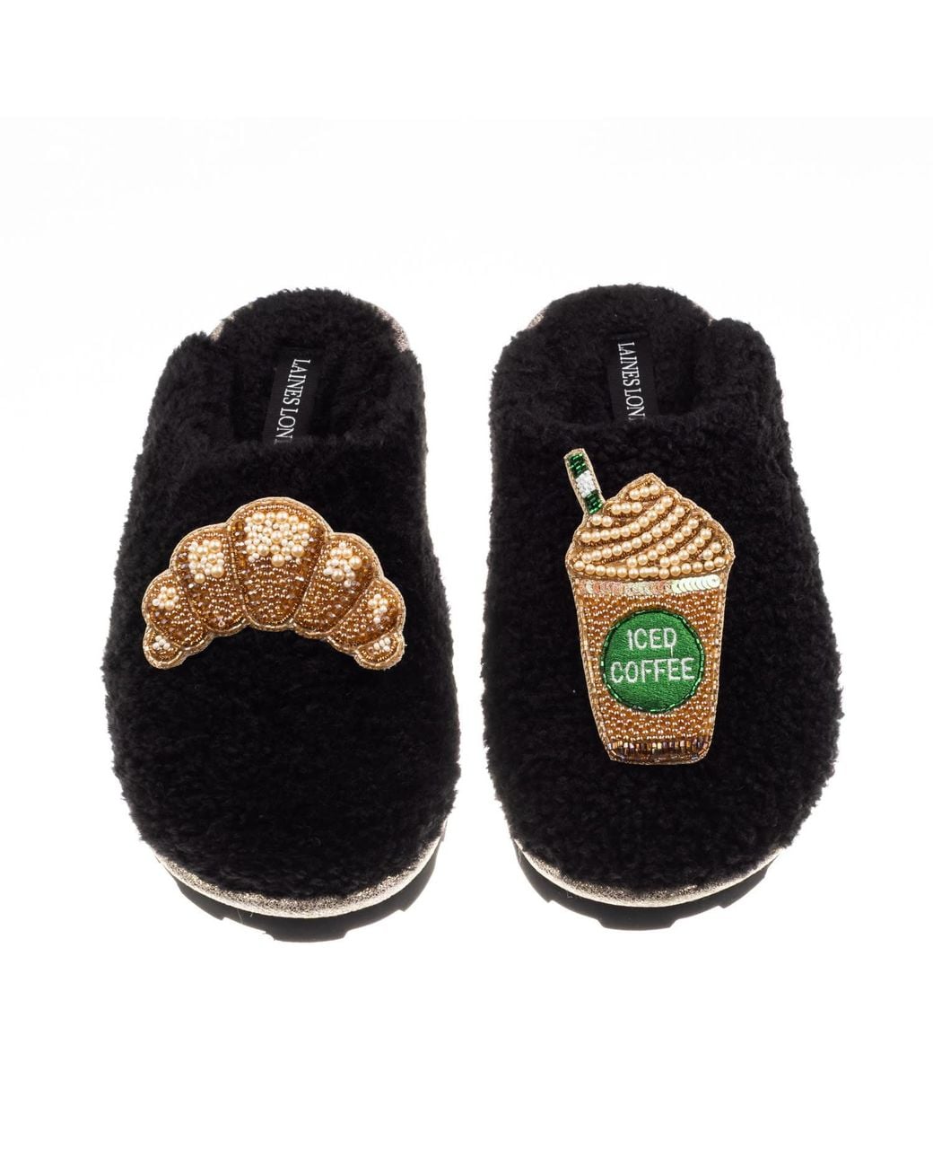 Laines London Black Teddy Closed Toe Slippers With Iced Coffee & Croissant Brooches