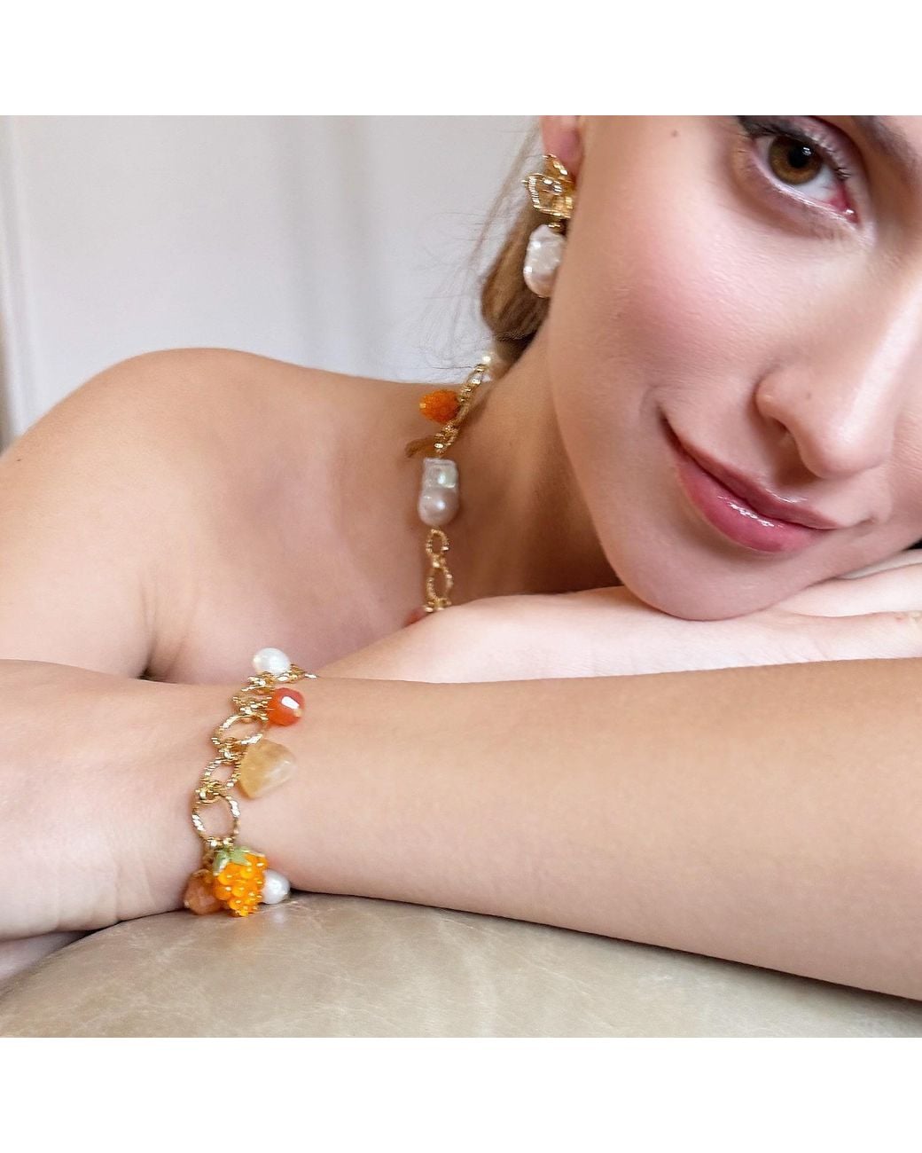 Farra Metallic Spring Garden Raspberry And Citrine Pearl Chain Bracelet