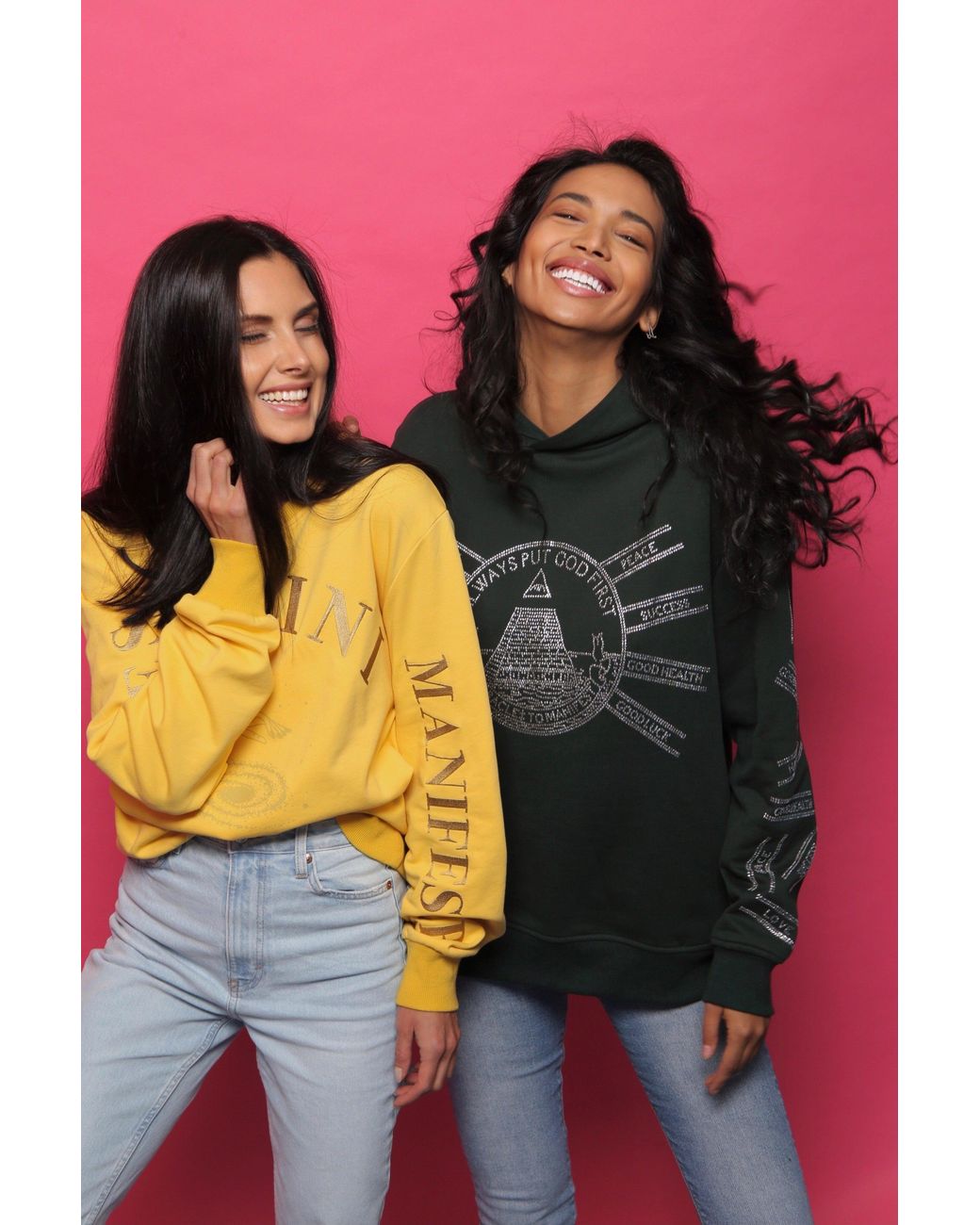 Miracles Manifester Green God First Affirmation Hoodie With Rhinestone Design