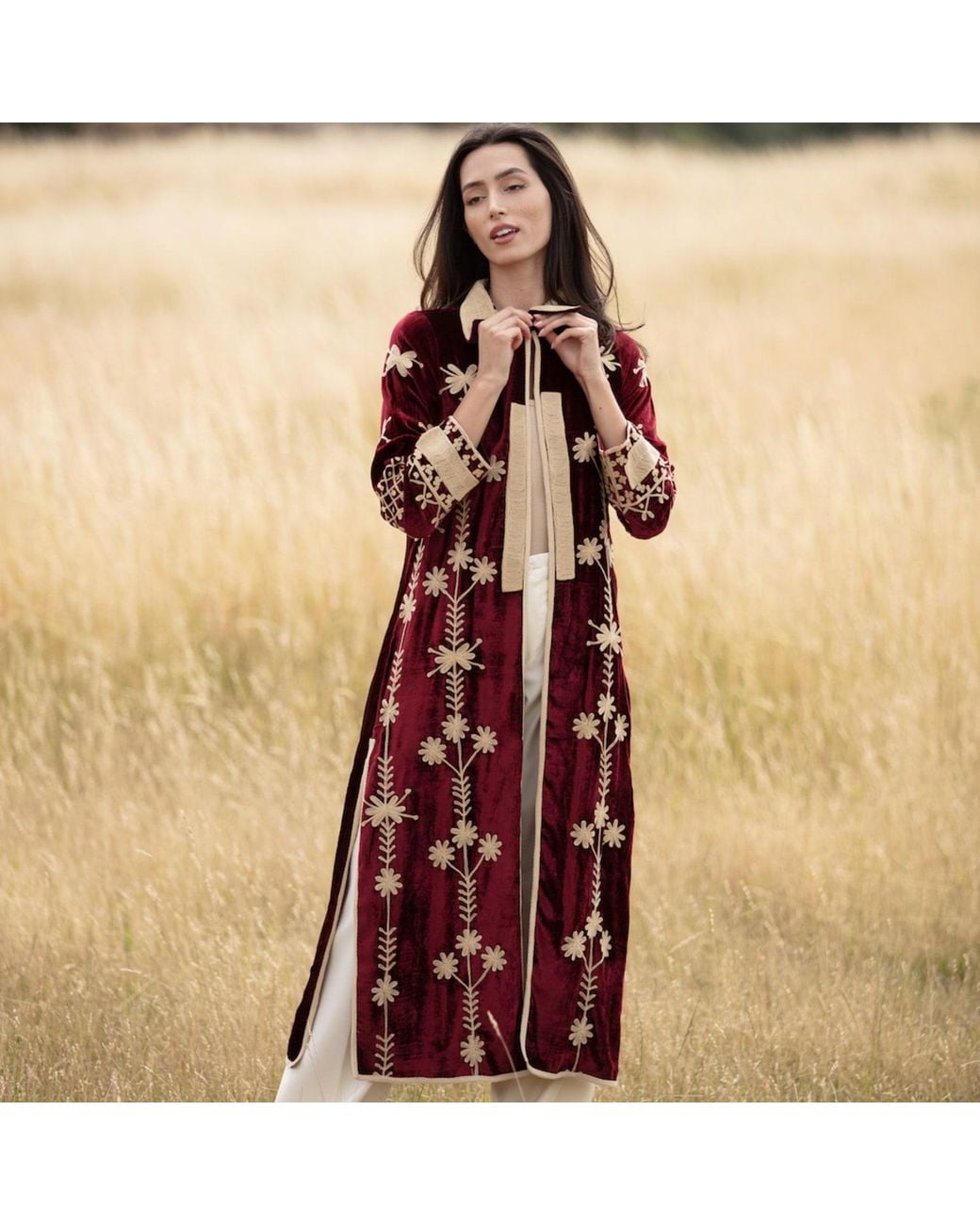 Antra Designs Red Suki Claret Silk Velvet Coat
