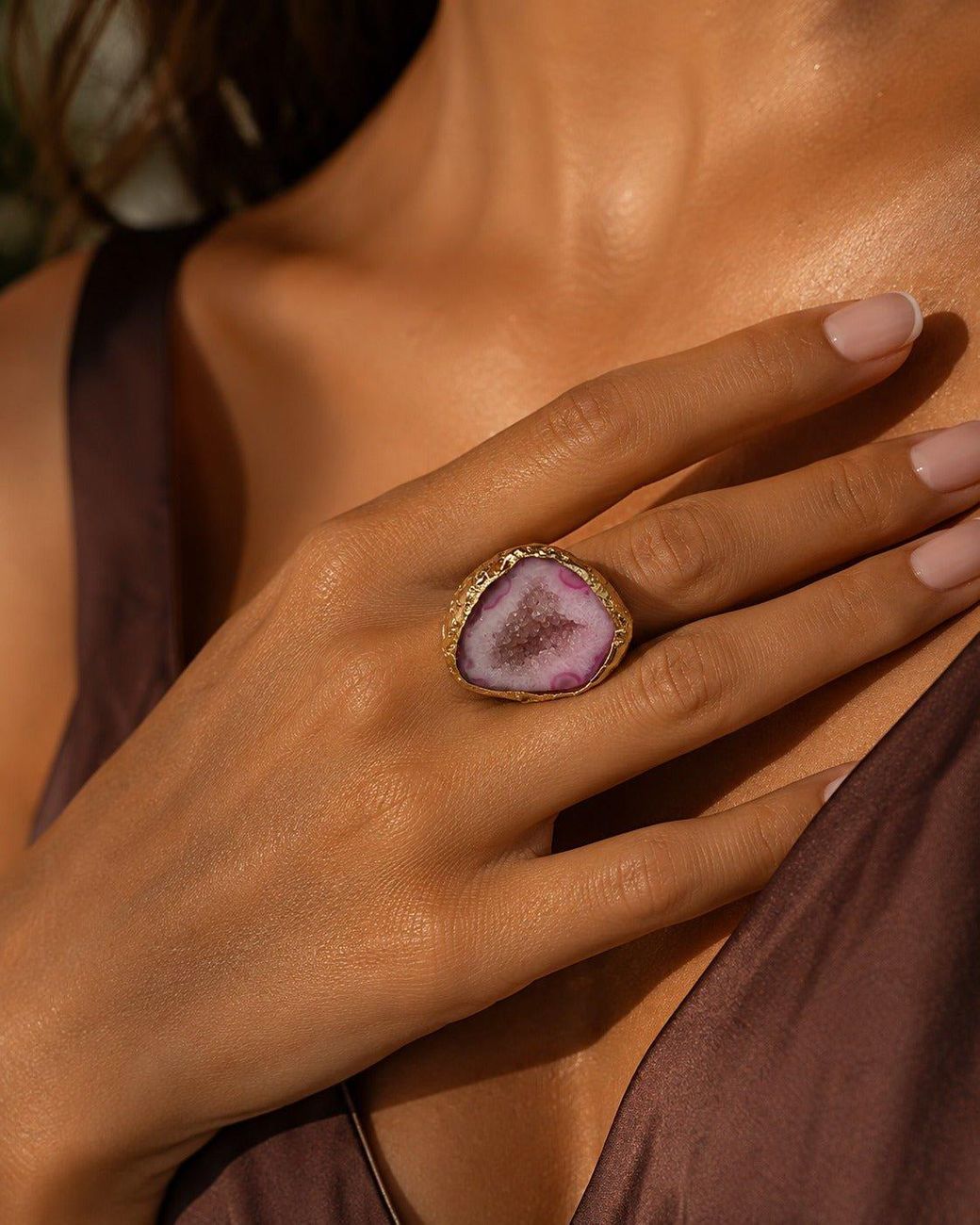By Ozge Pink Druzy Plated Adjustable Ring