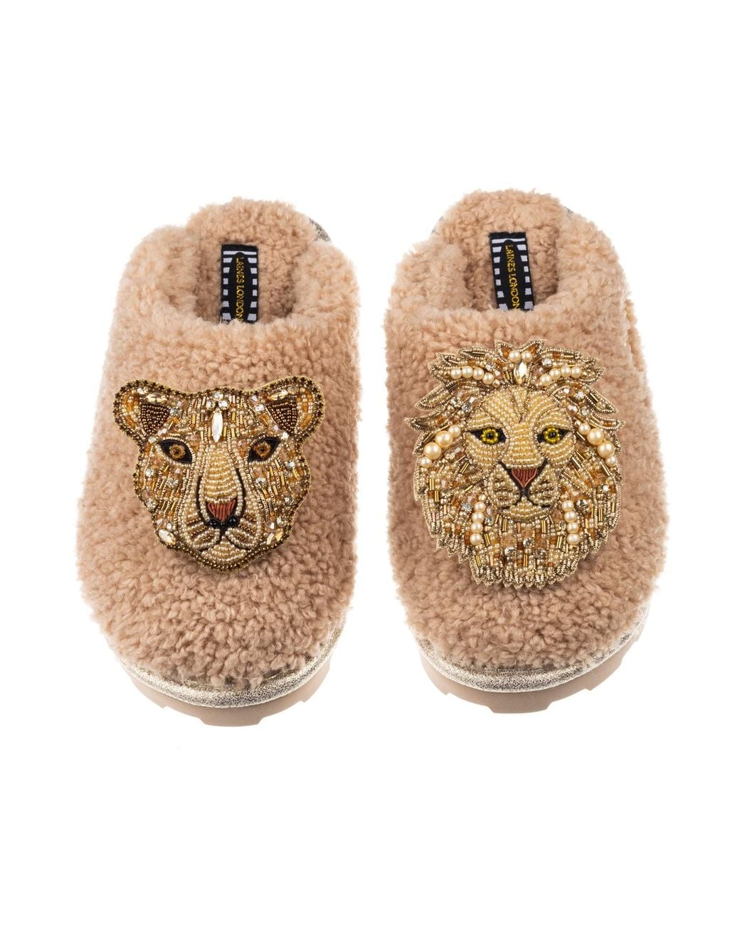 Laines London Natural Teddy Towelling Closed Toe Slippers With Artisan Lion & Lioness Brooches