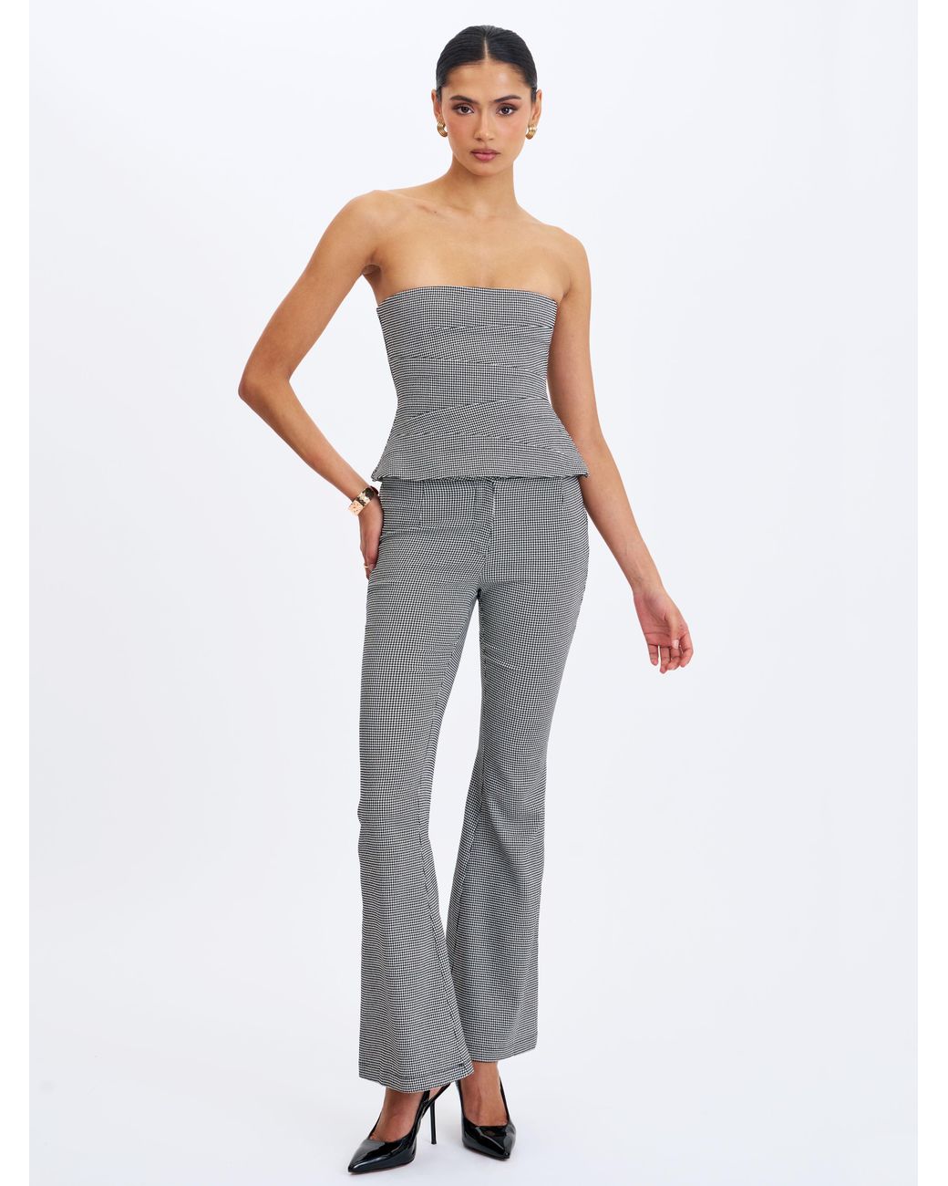 Miss Circle New York Gray Ulli Micro-Houndstooth Flared Pants
