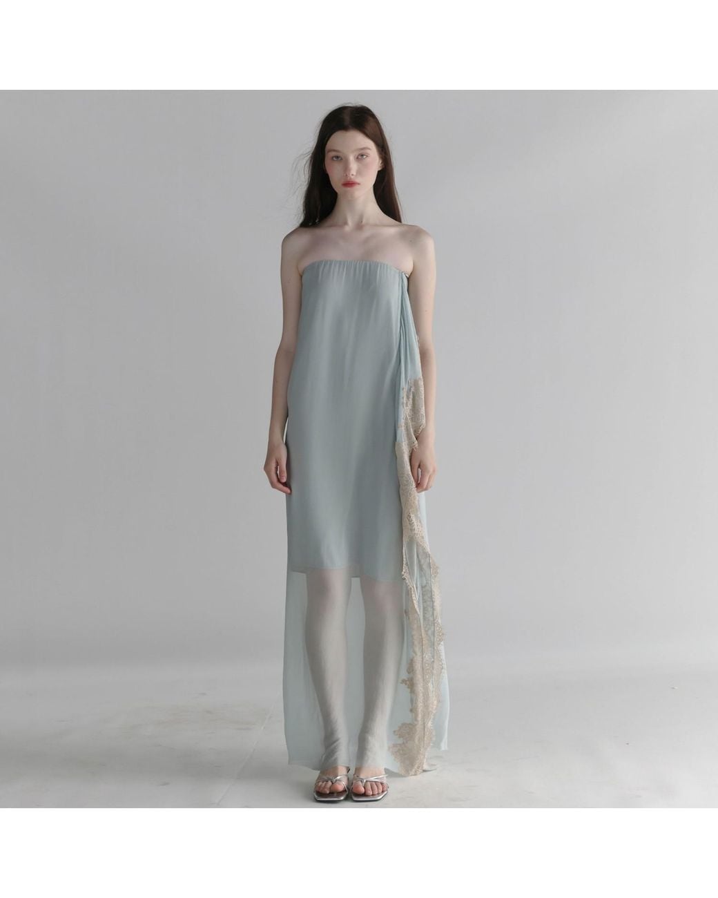 Belsize25 Gray Moonlight Dress – Misty Strapless Lace Maxi Dress