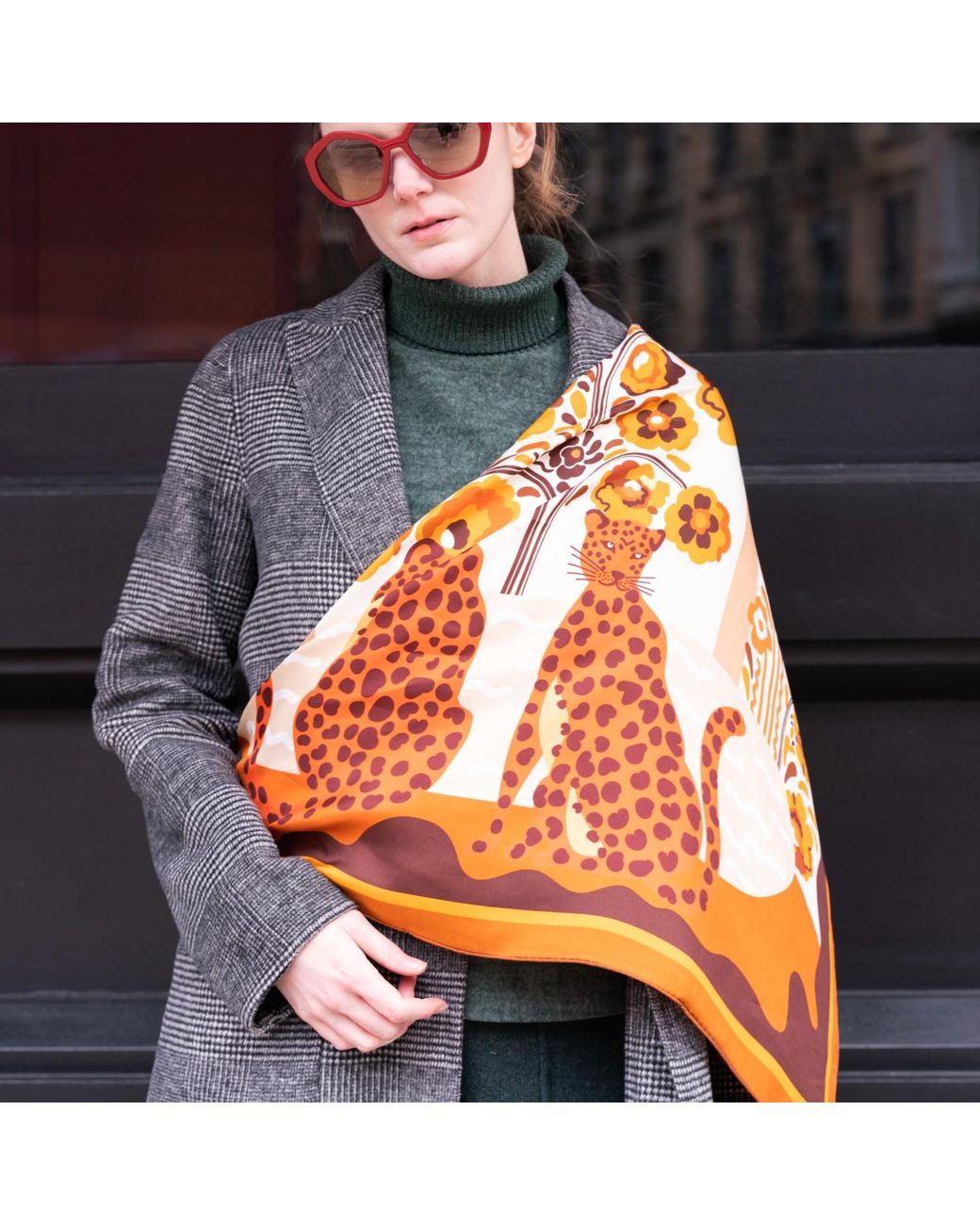 Jessie Zhao New York Brown Double Sided Silk Scarf Of Leopards With Floral Fountain