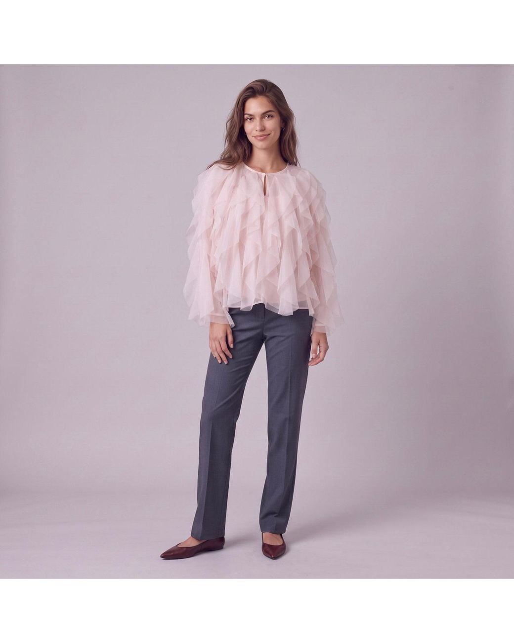 Modenaire Pink Sheer Tiered Ruffle Blouse