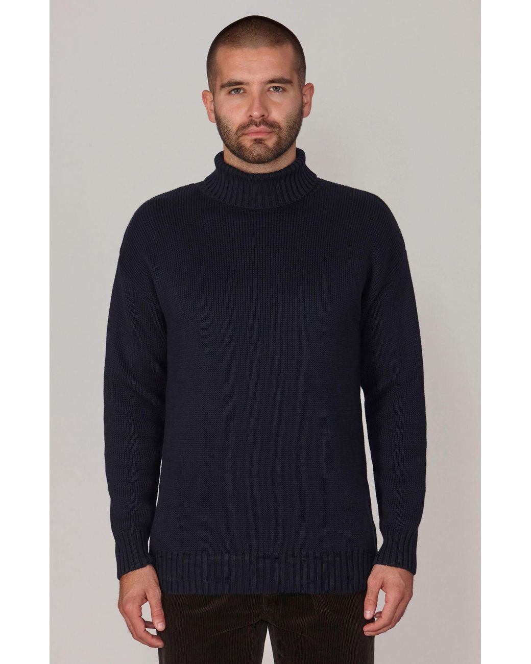 Paul James Knitwear Blue Heavyweight Cotton Arthur Submariner Roll Neck Jumper for men