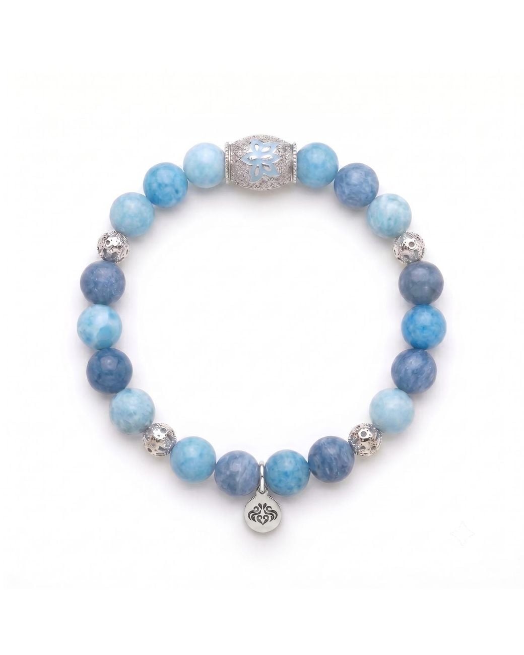 Seven Saints Blue Tranquil Lotus Larimar Quartz Lotus Beaded Bracelet, Rhodium