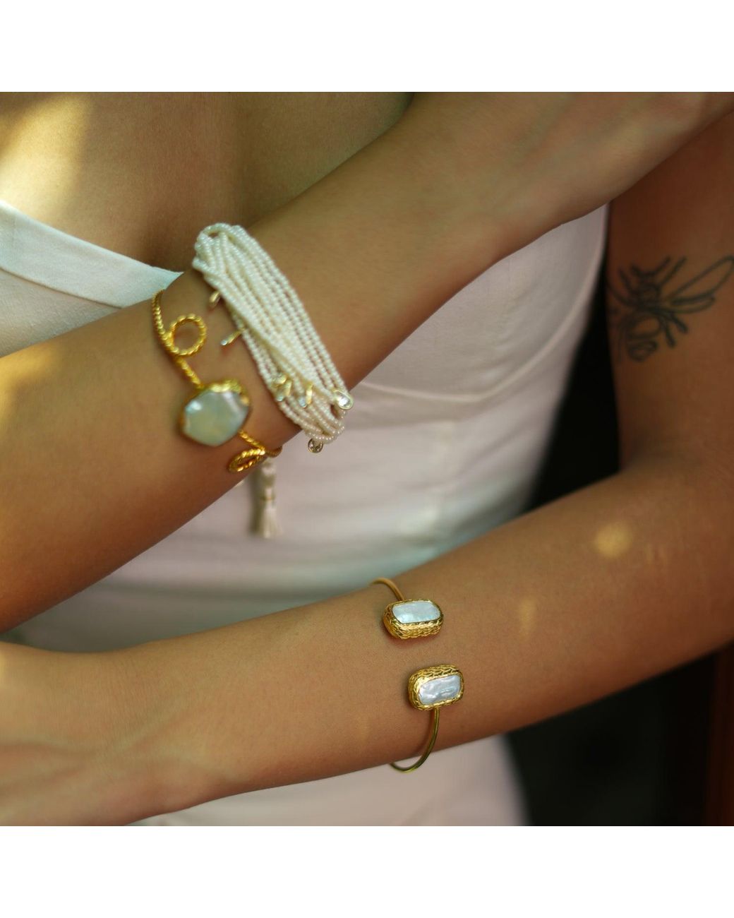Ebru Jewelry Metallic Double Pearl Stone Open Cuff Bangle Bracelet