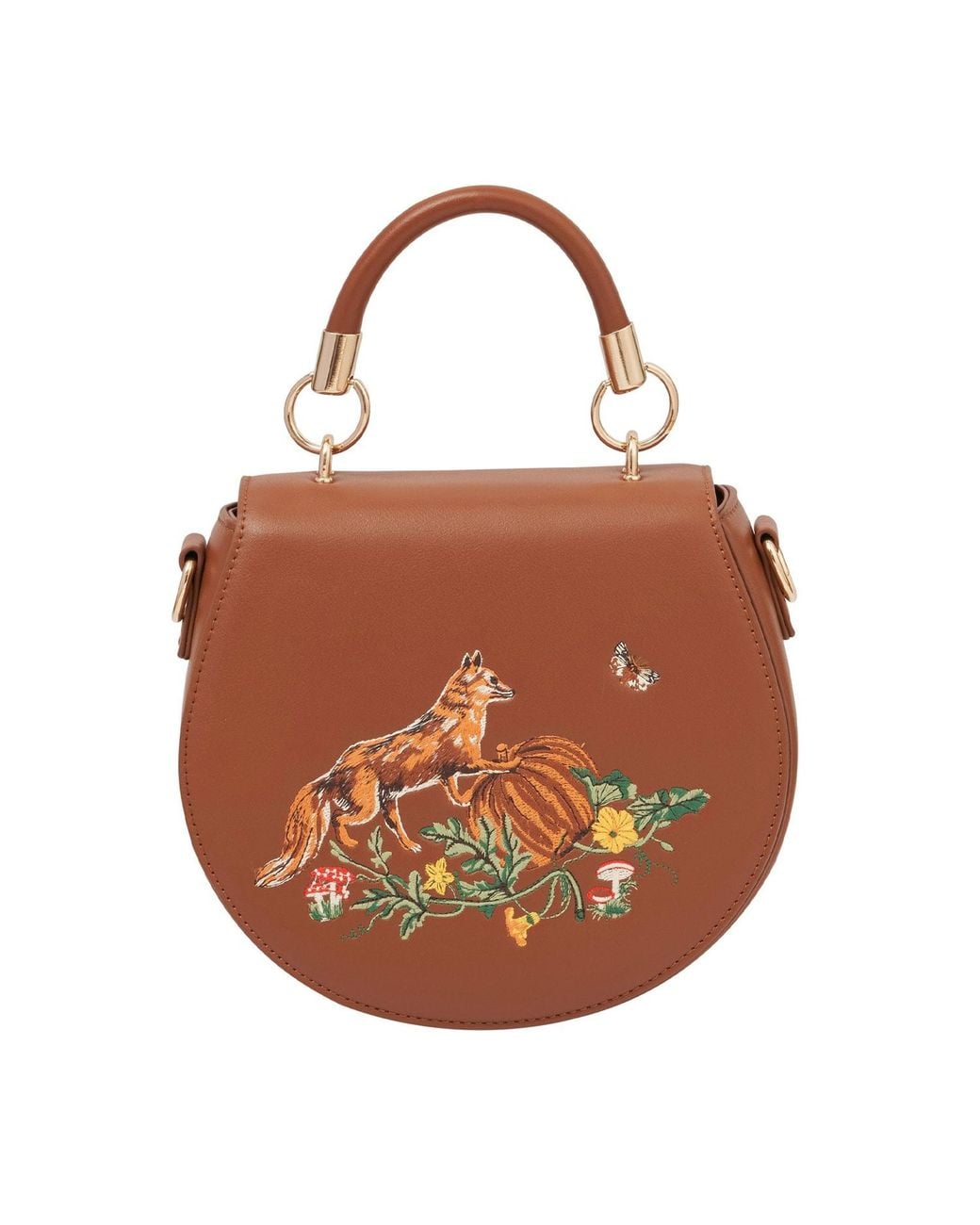 Fable England Brown Embroidered Vegan Leather Saddle Crossbody Bag