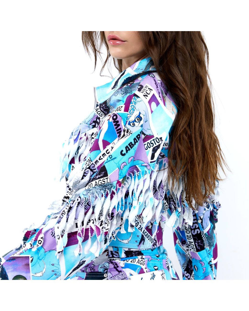 Brenda Agradi Blue Ibiza Style Printed Fringed Bomber Jacket