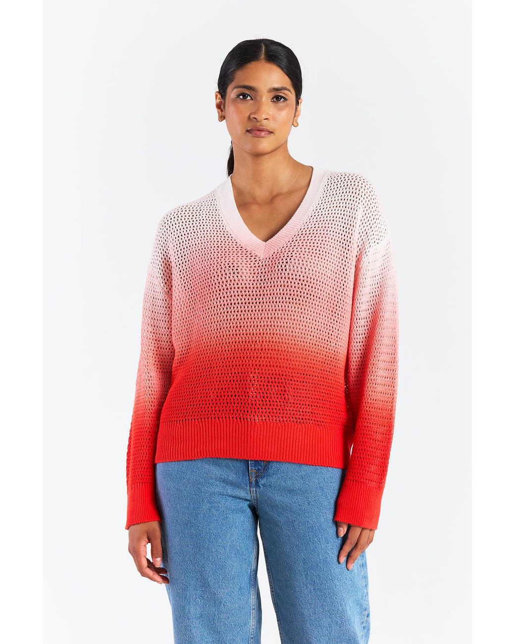 Brodie Cashmere Red Mesh Dip Dye V Neck