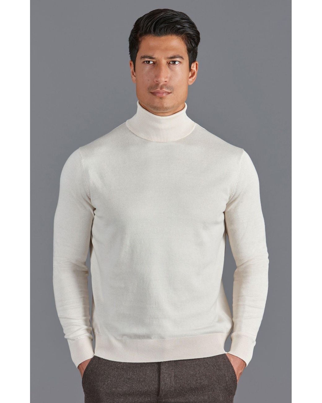 Paul James Knitwear Gray Ultra Fine Cotton Atwood Roll Neck Jumper for men