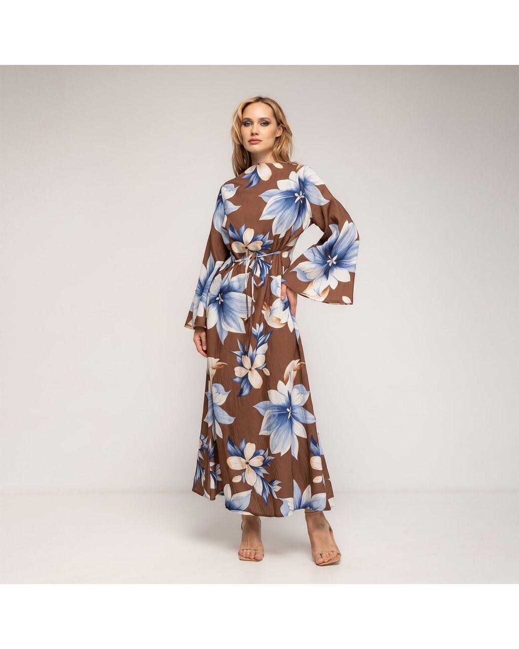 Tantra Spain Sl Blue Long Floral Dress With Round Neckline