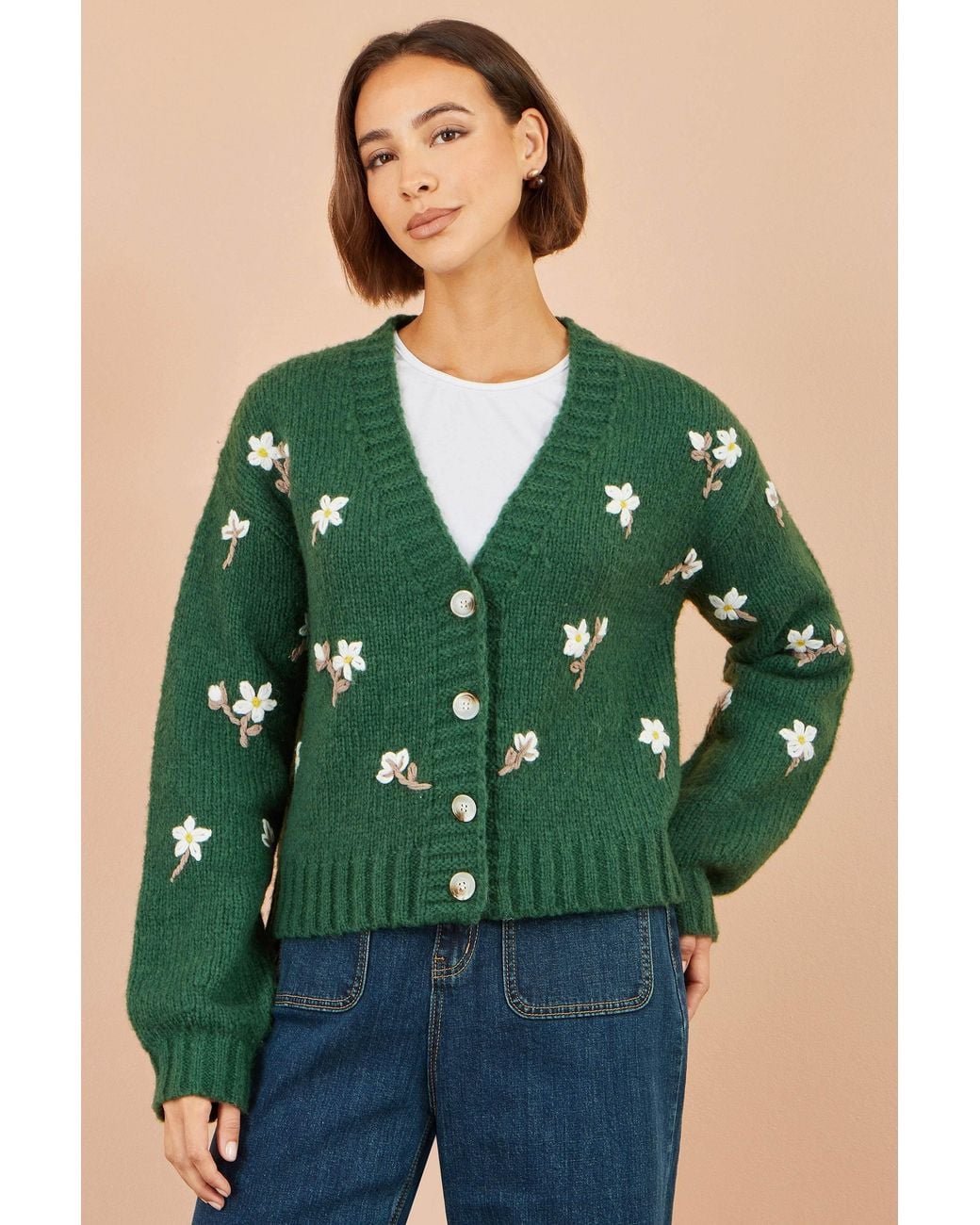 Yumi' Green Hand Embroidered Chunky Knitted Cardigan