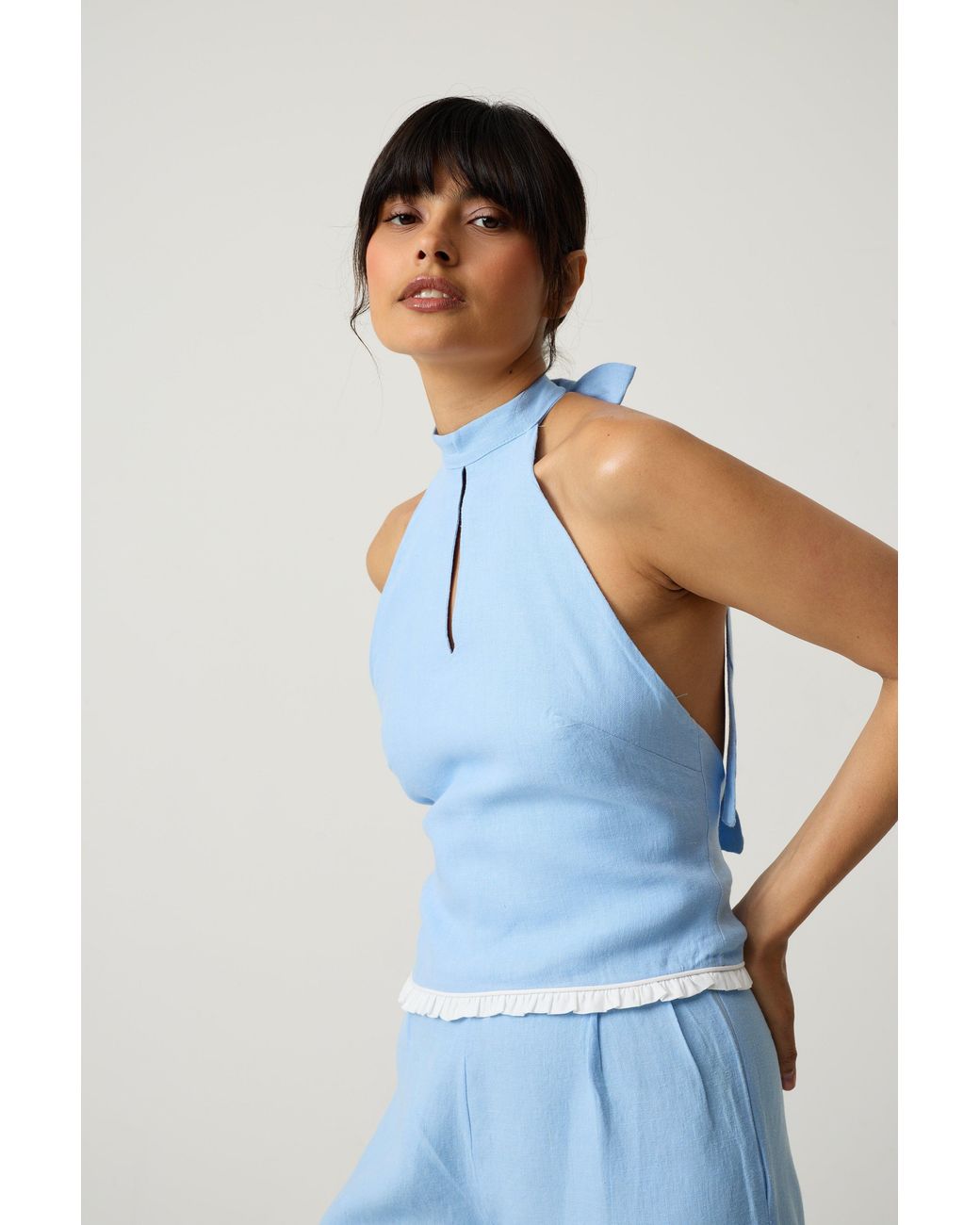 Imaura Blue Btw Linen Halter Top